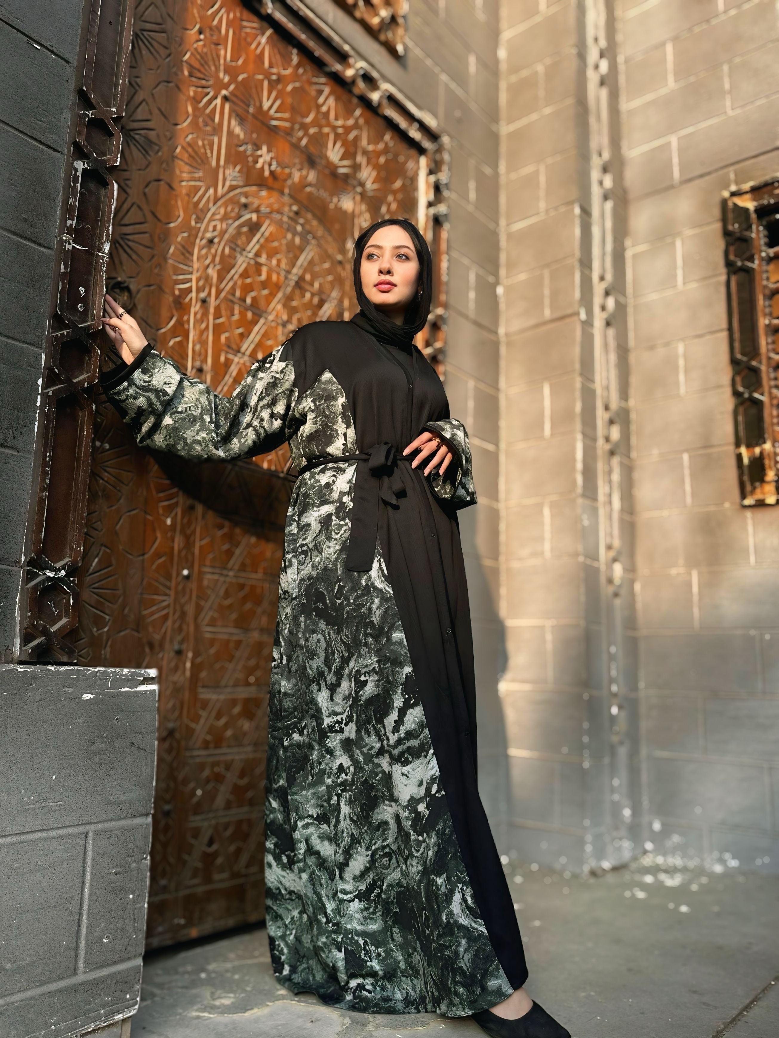 Black silk abaya with printed silk with soft color