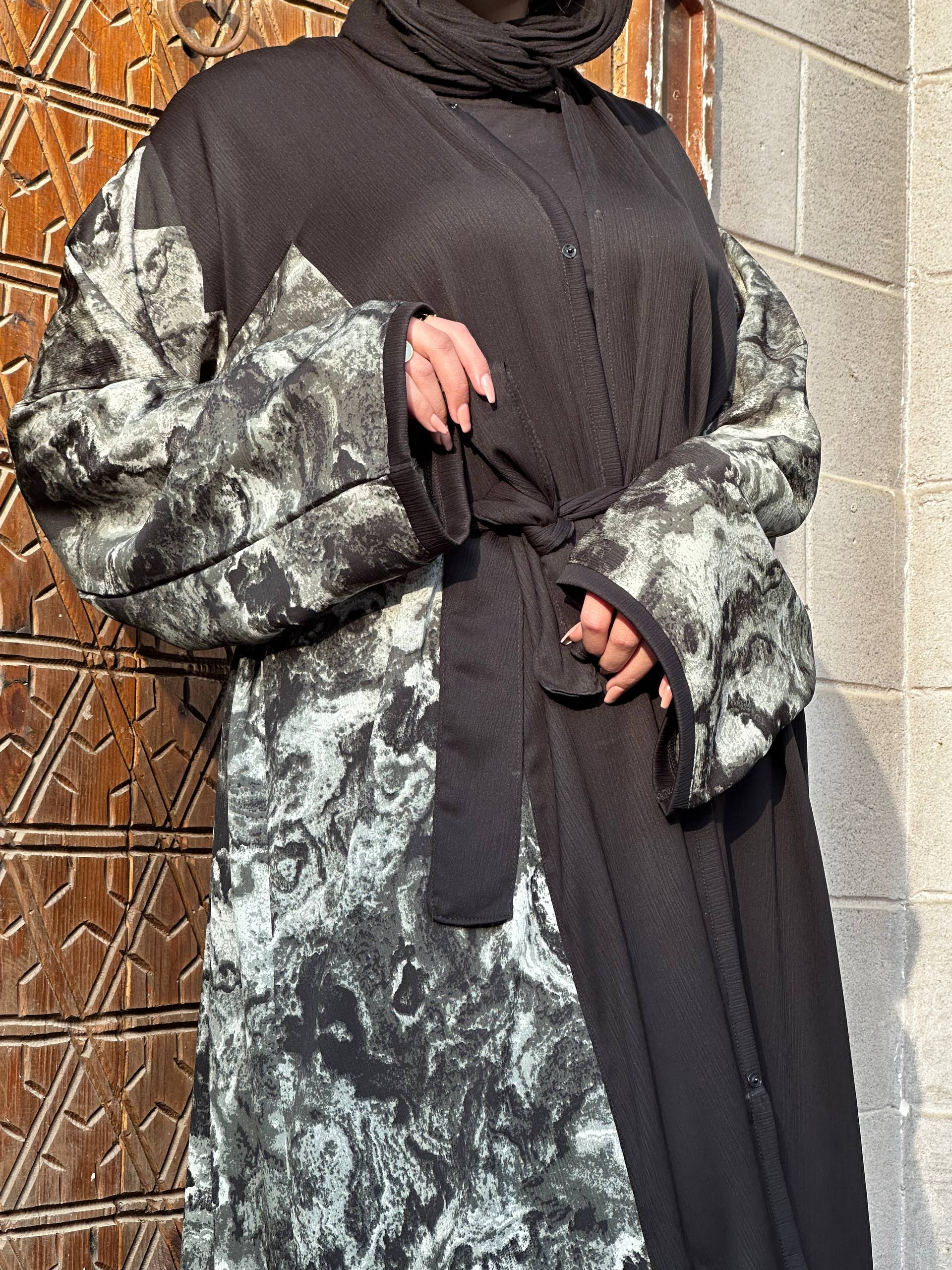 Black silk abaya with printed silk with soft color