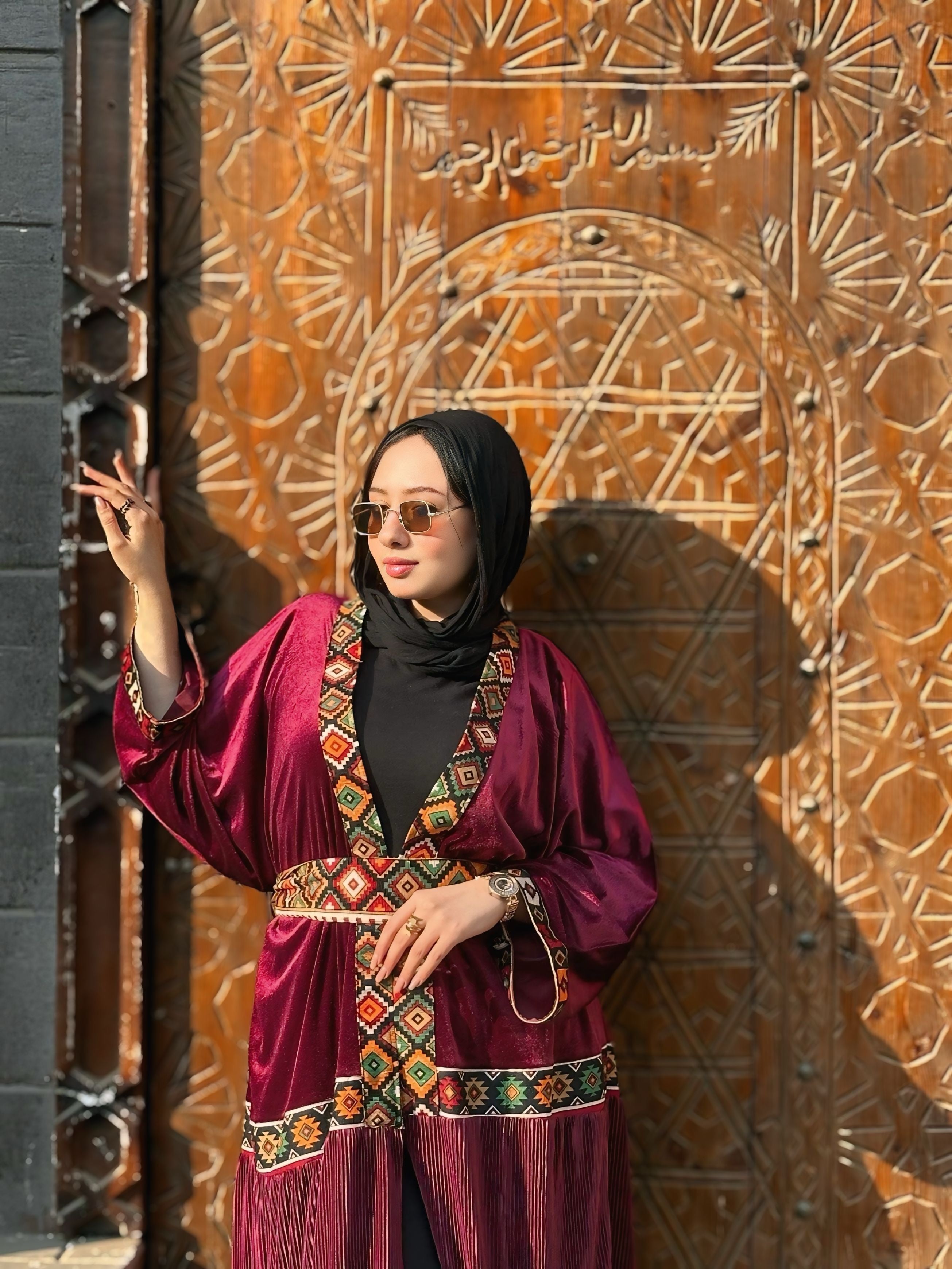 Burgundy Velvet Kaftan with bedouin embroidered and pleated satin