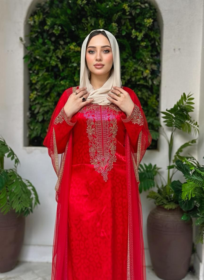 Red satin abaya embroidered with sparkling beads