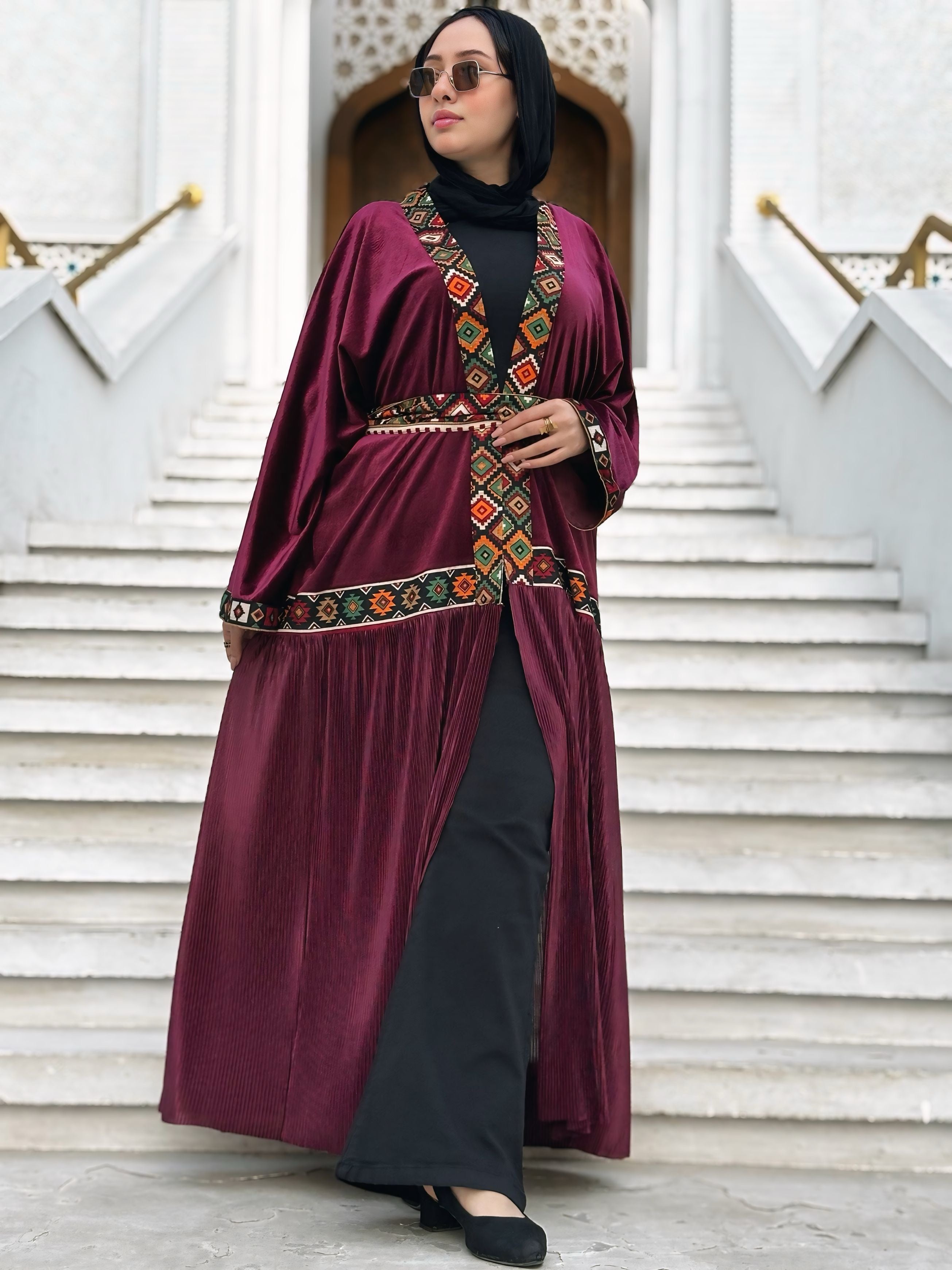 Burgundy Velvet Kaftan with bedouin embroidered and pleated satin