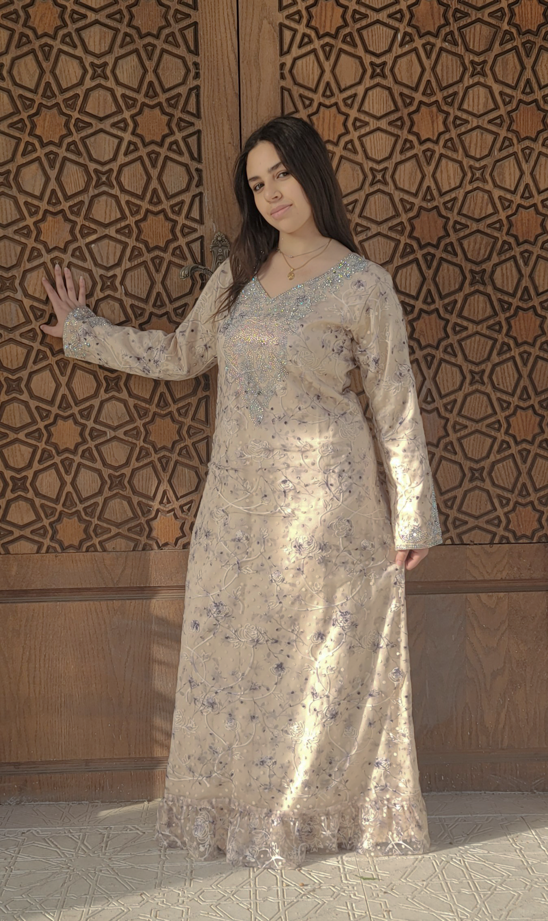 Shifon &satin jalabia with handmade crystal