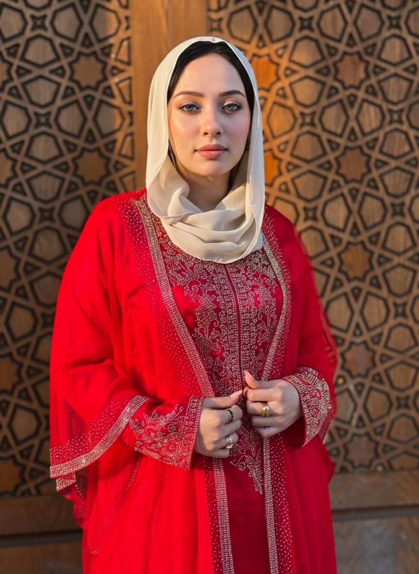 Red satin abaya embroidered with sparkling beads