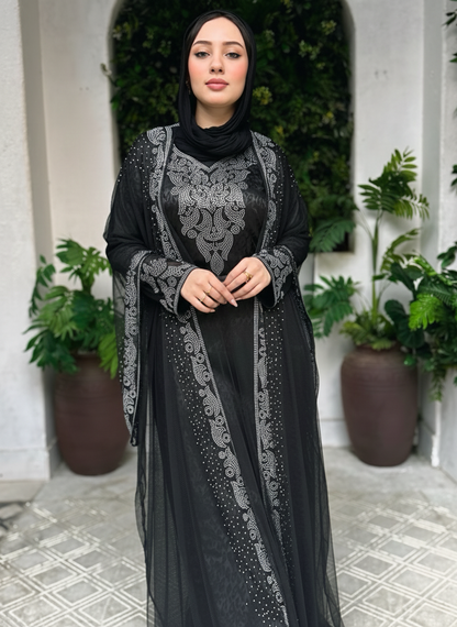 Black satin abaya embroidered with sparkling beads
