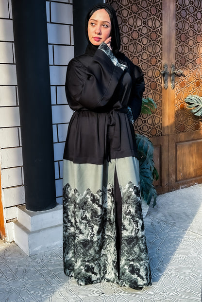 Black silk abaya with printed silk with soft color