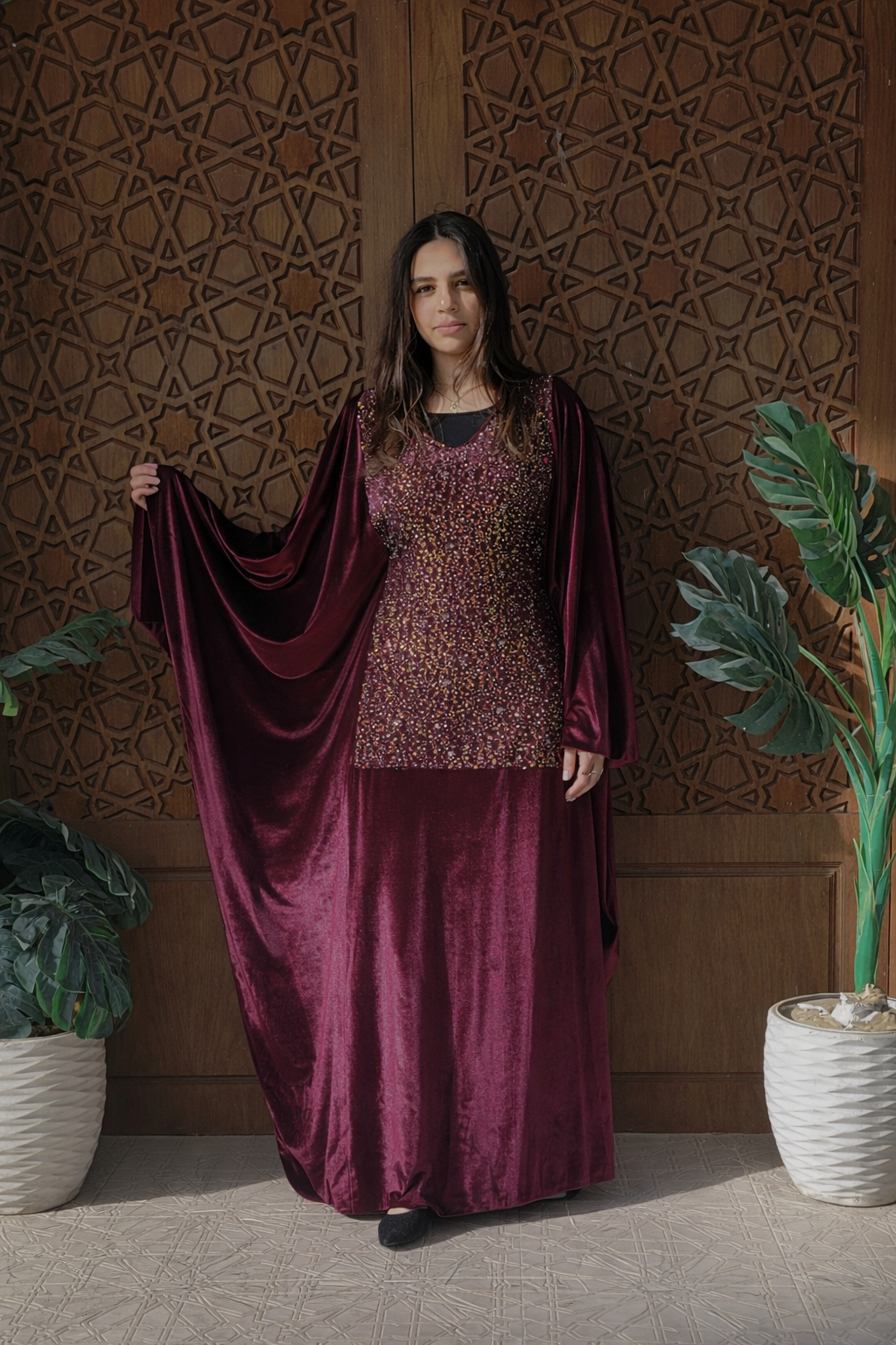 Velvet kaftan with handmade embroidered