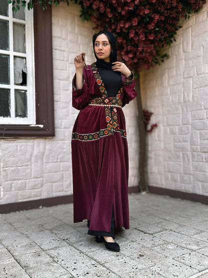 Burgundy Velvet Kaftan with bedouin embroidered and pleated satin