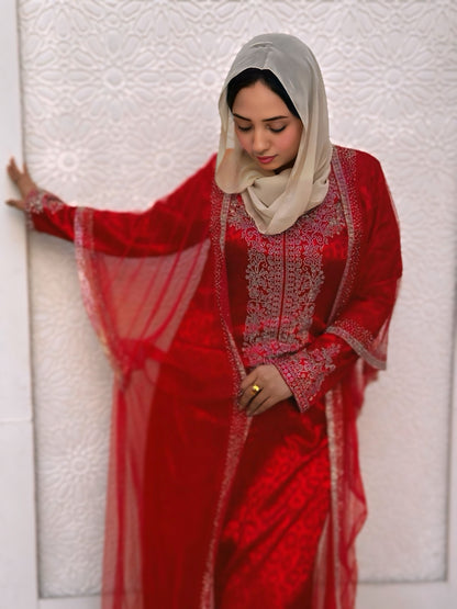 Red satin abaya embroidered with sparkling beads