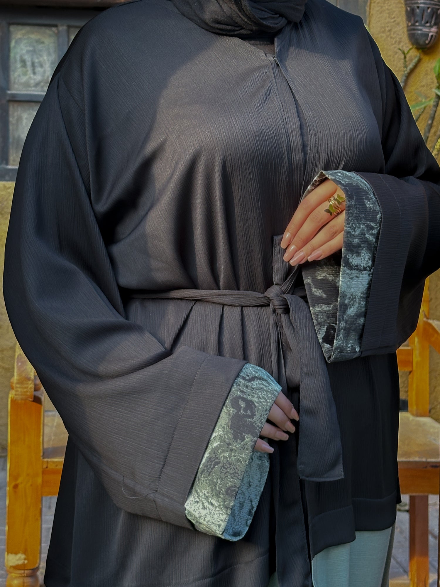 Black silk abaya with printed silk with soft color