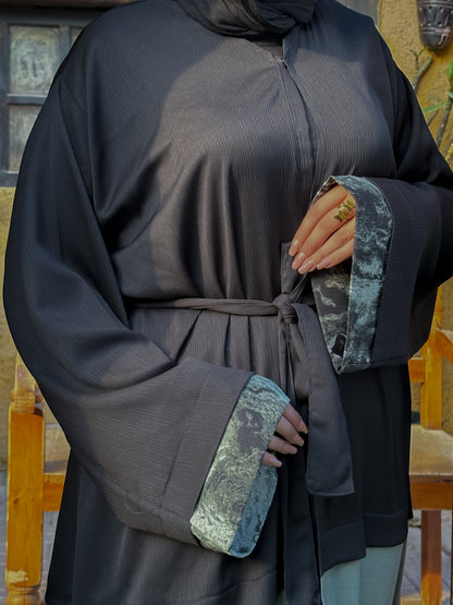 Black silk abaya with printed silk with soft color