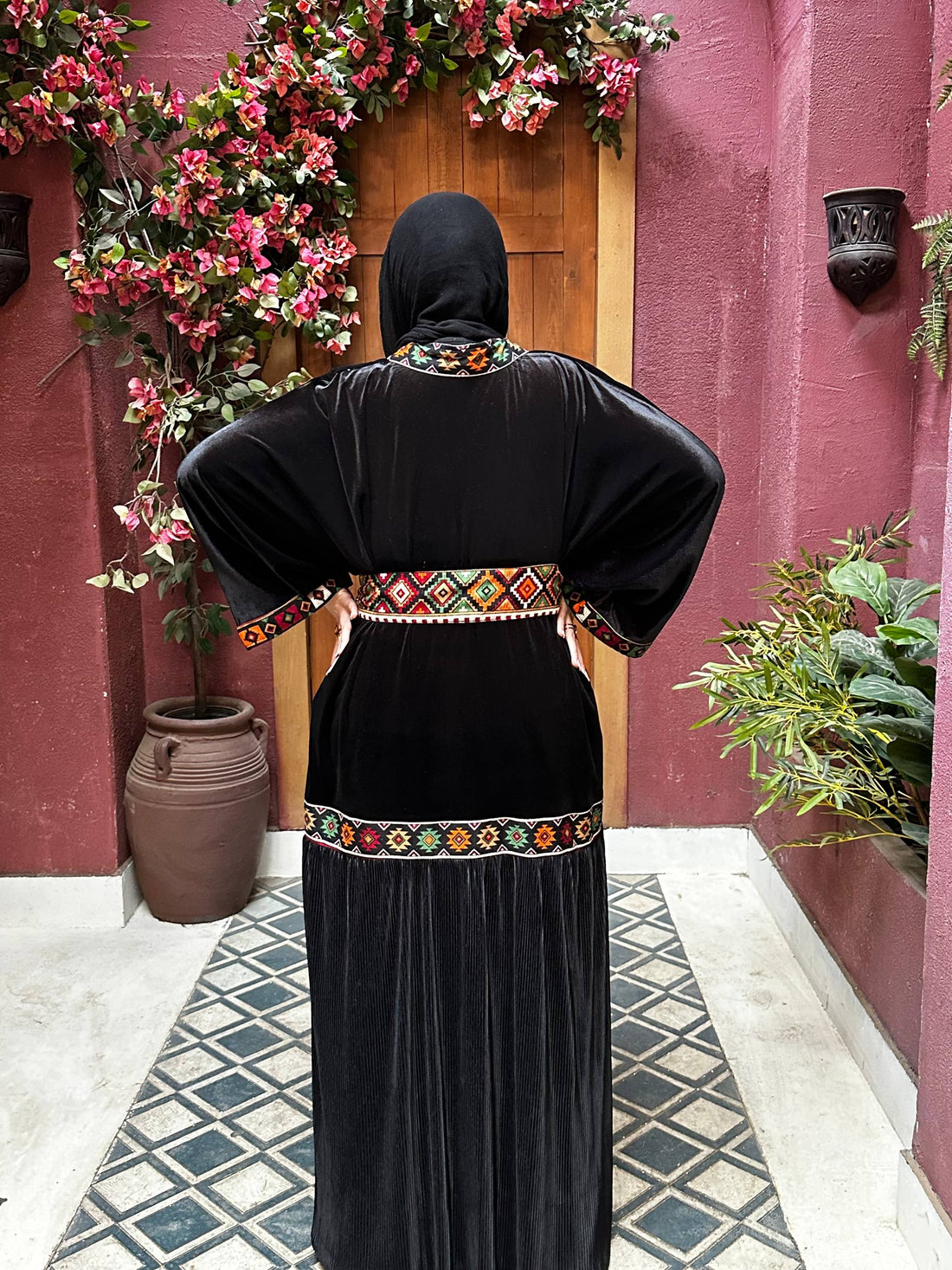 Black Velvet Kaftan with bedouin embroidered and pleated satin