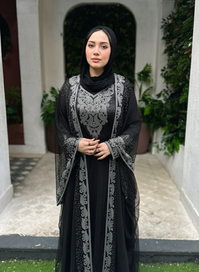 Black satin abaya embroidered with sparkling beads