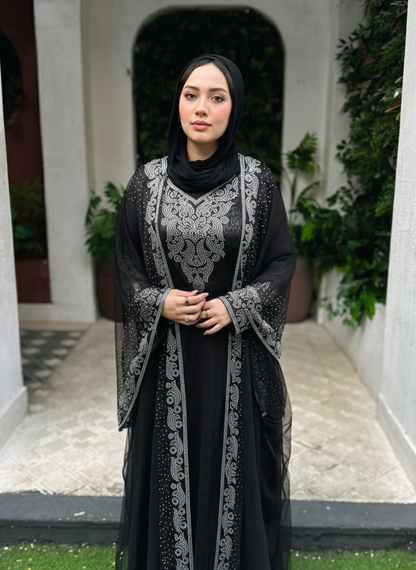 Black satin abaya embroidered with sparkling beads