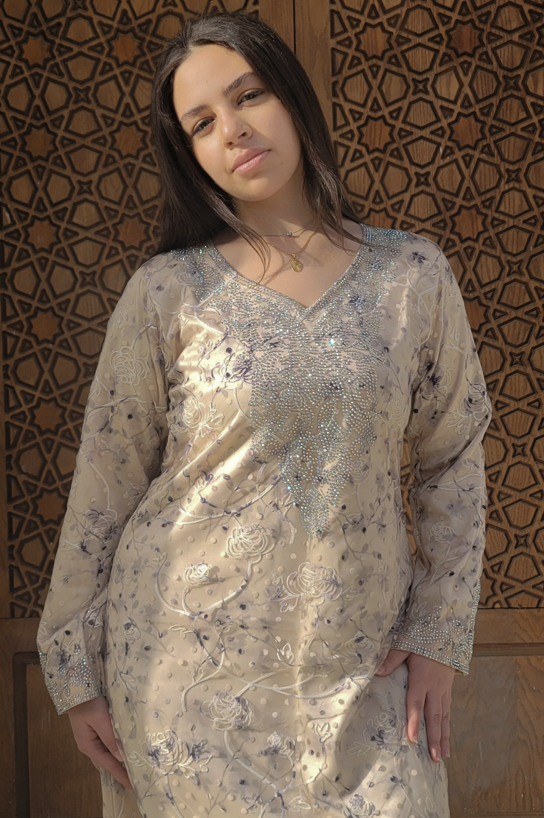 Shifon &amp;satin jalabia with handmade crystal