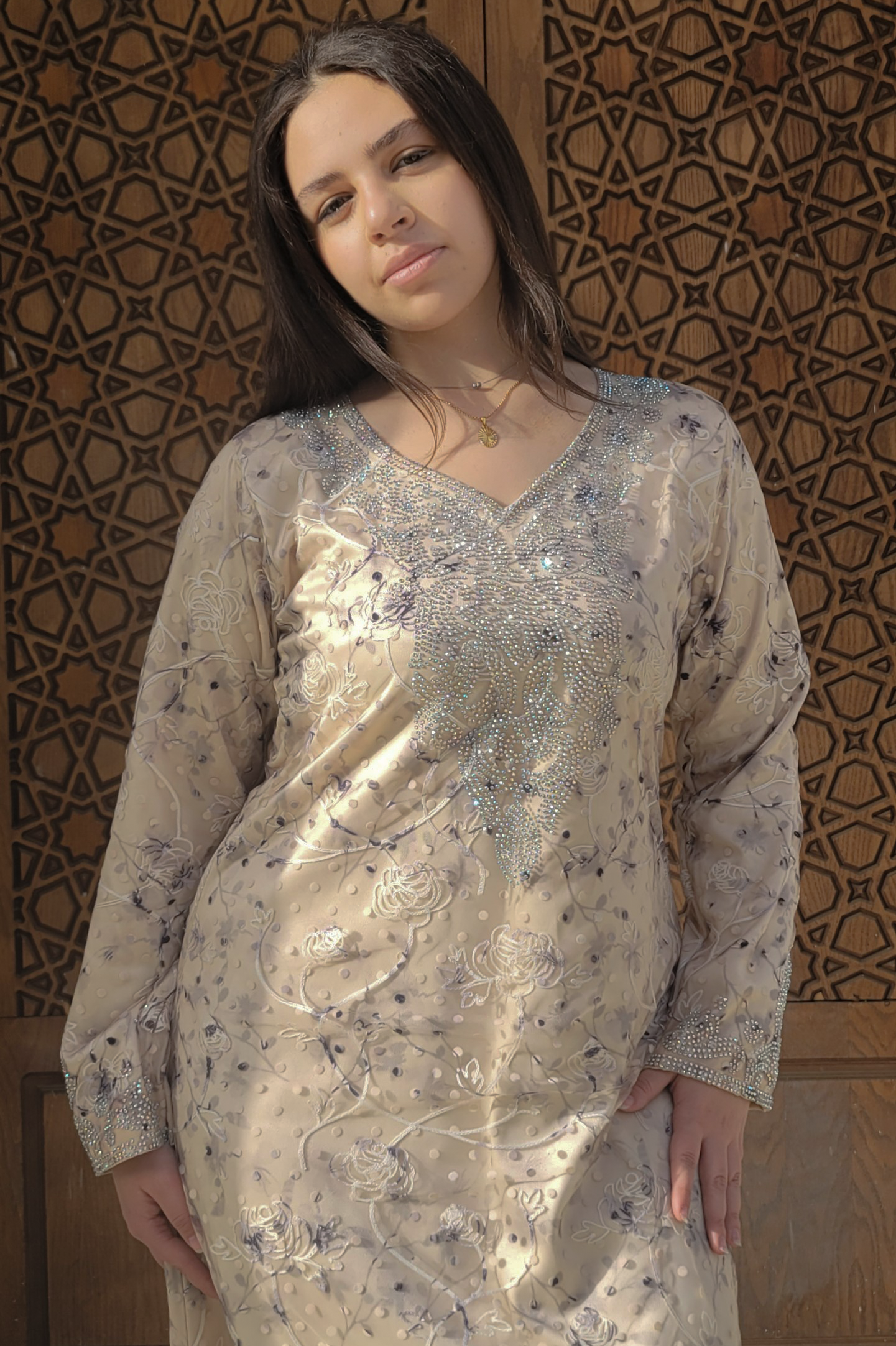 Shifon &amp;satin jalabia with handmade crystal