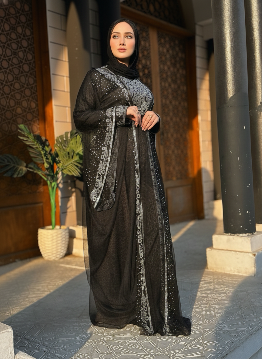 Black satin abaya embroidered with sparkling beads