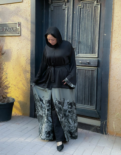 Black silk abaya with printed silk with soft color