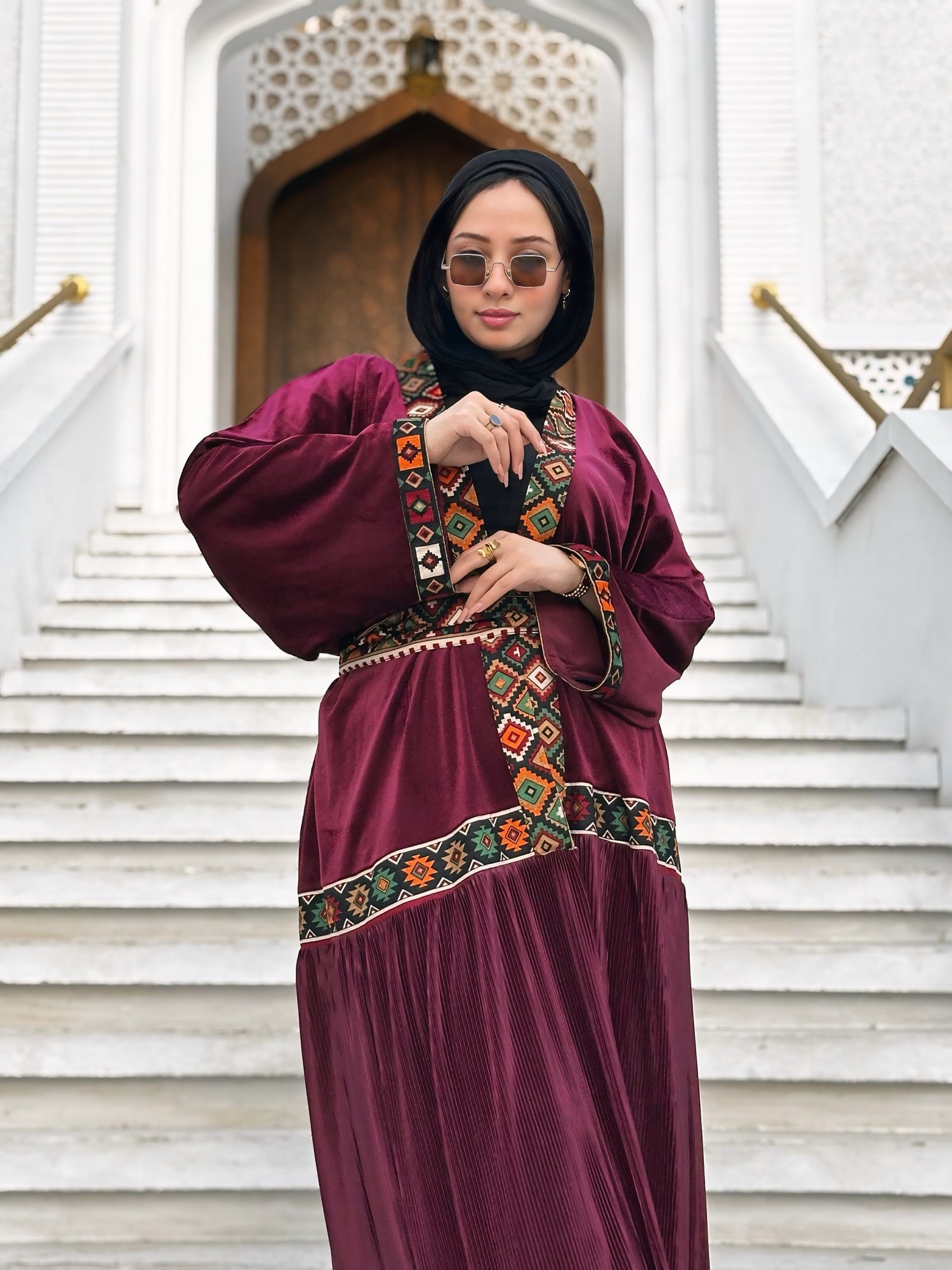 Burgundy Velvet Kaftan with bedouin embroidered and pleated satin