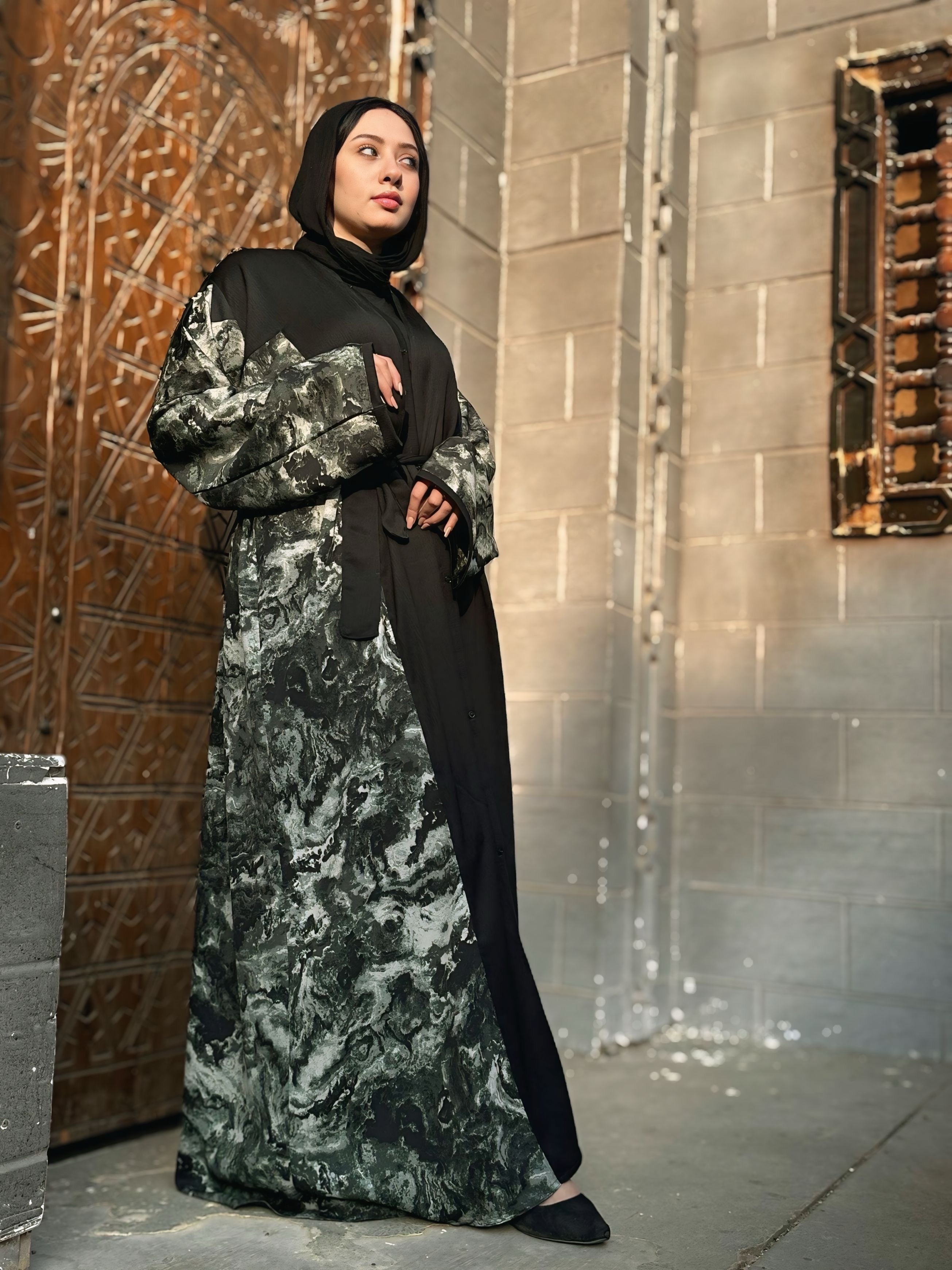 Black  silk abaya with printed silk with soft color