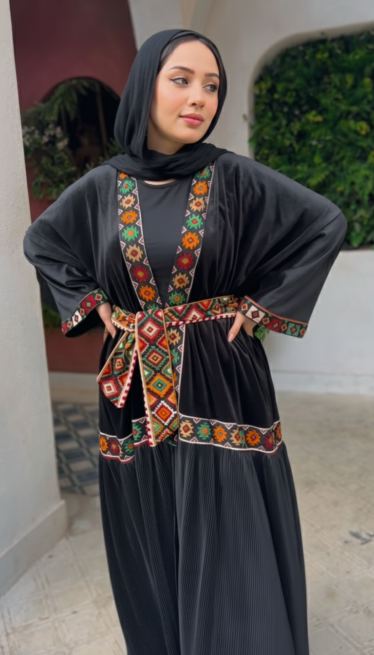 Black Velvet Kaftan with bedouin embroidered and pleated satin