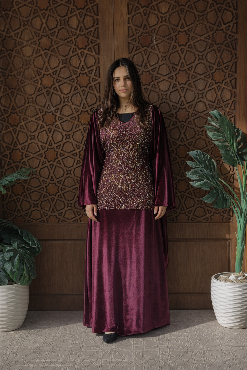 Velvet kaftan with handmade embroidered