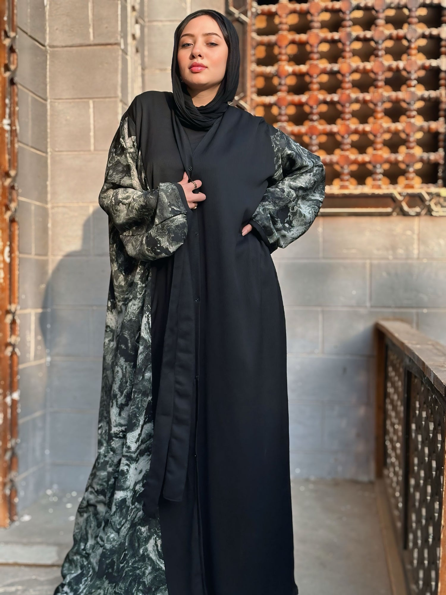 Black  silk abaya with printed silk with soft color