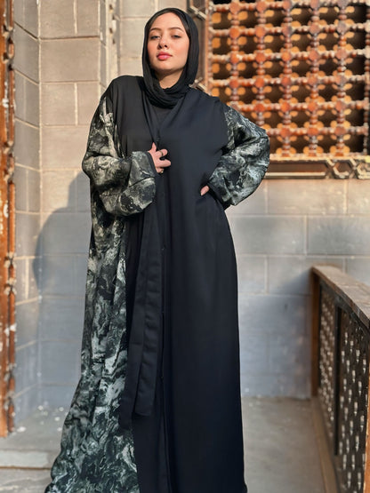 Black  silk abaya with printed silk with soft color