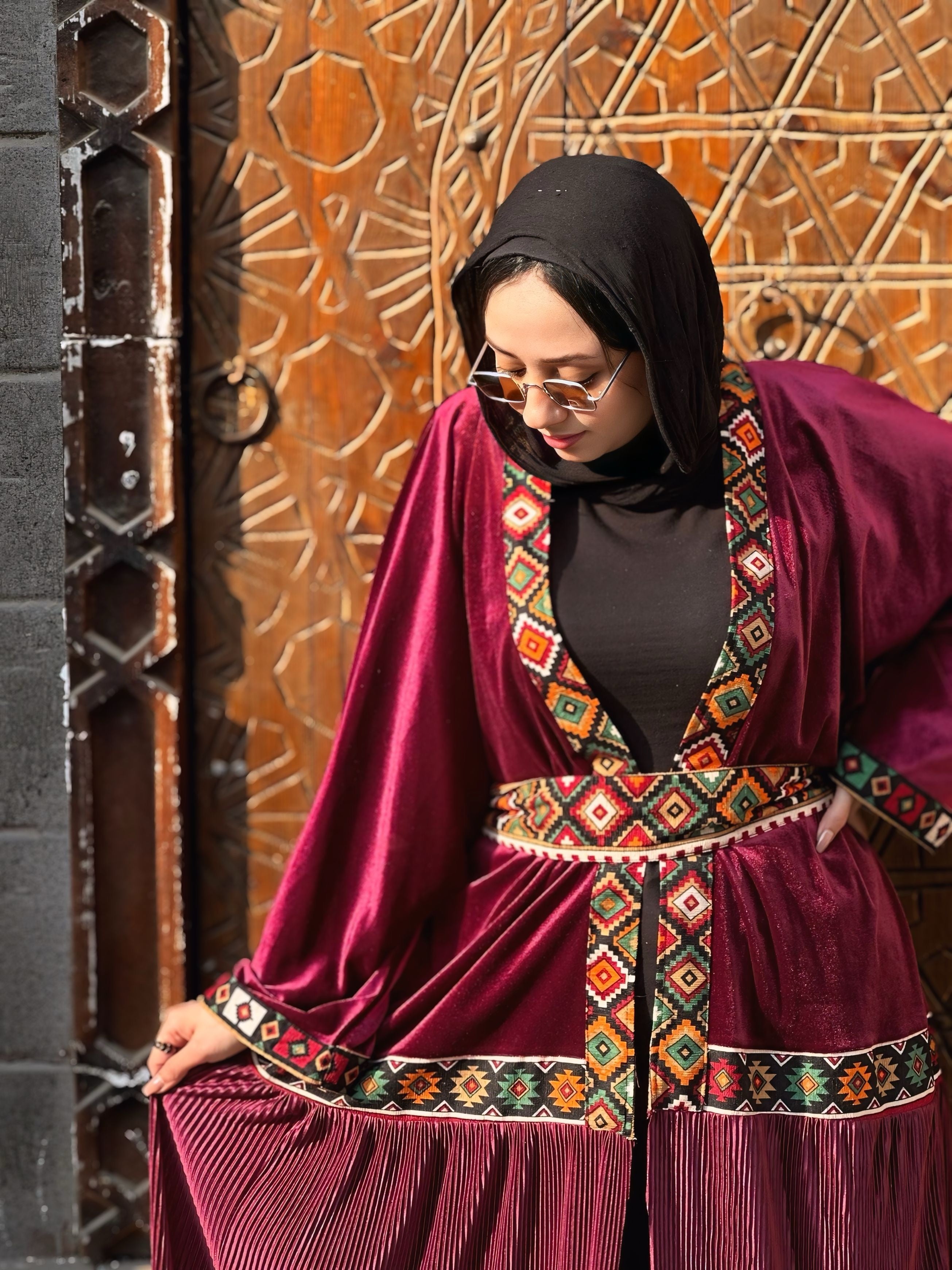 Burgundy Velvet Kaftan with bedouin embroidered and pleated satin