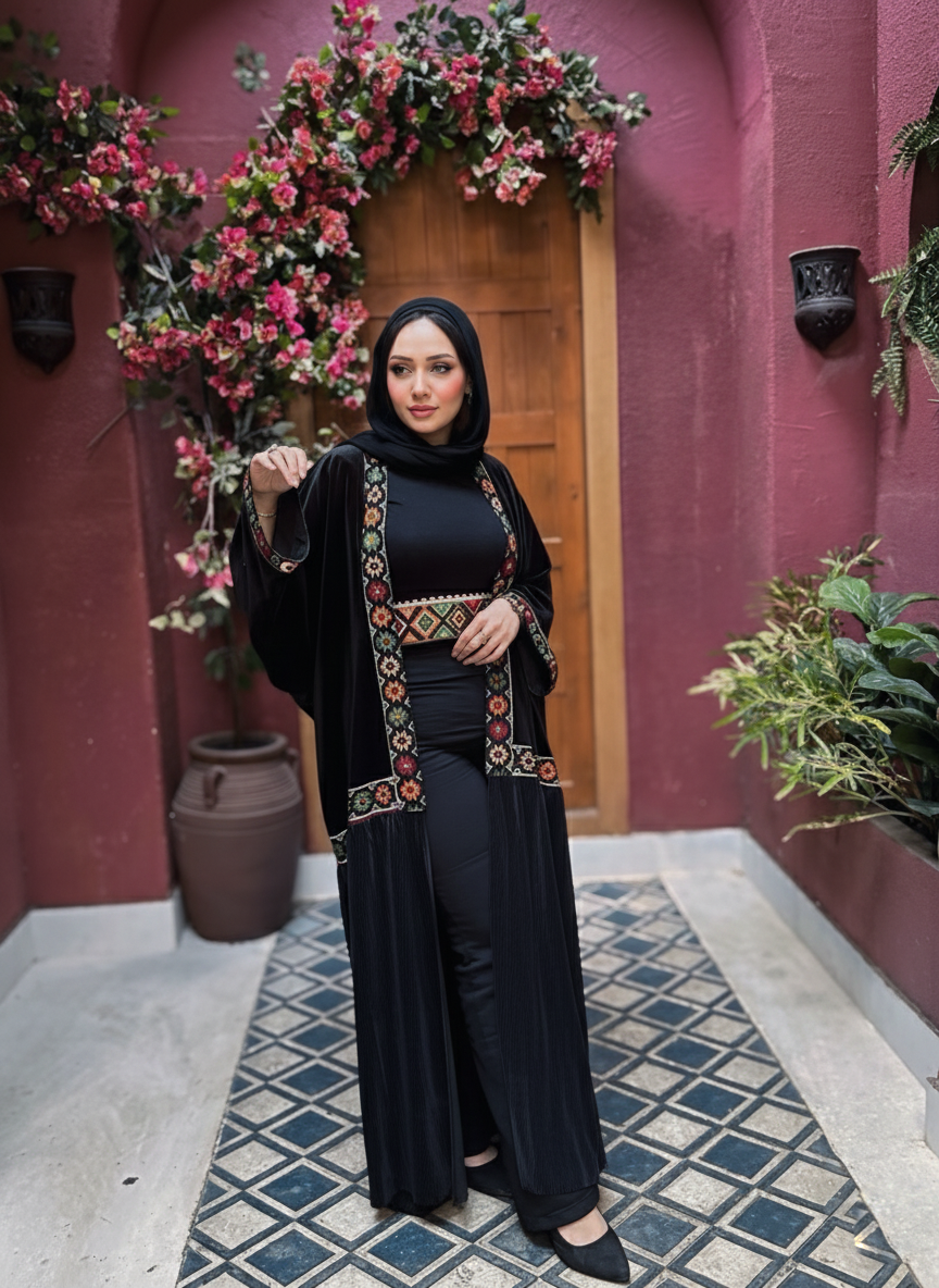 Black Velvet Kaftan with bedouin embroidered and pleated satin
